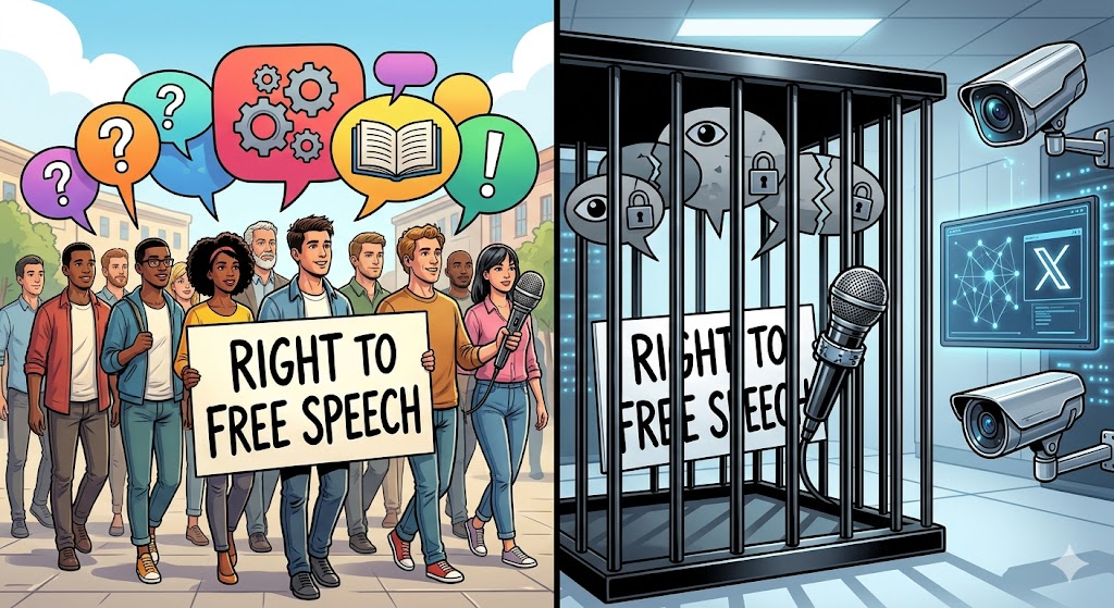 This visualization explicitly captures the "bars" metaphor. It contrasts a vibrant, sunlit ideal of speech and assembly on against the same symbols contained within a sterile, digital cage, complete with biometric surveillance and network lights.